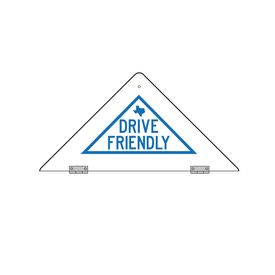 Drive Friendly decal on back of sign